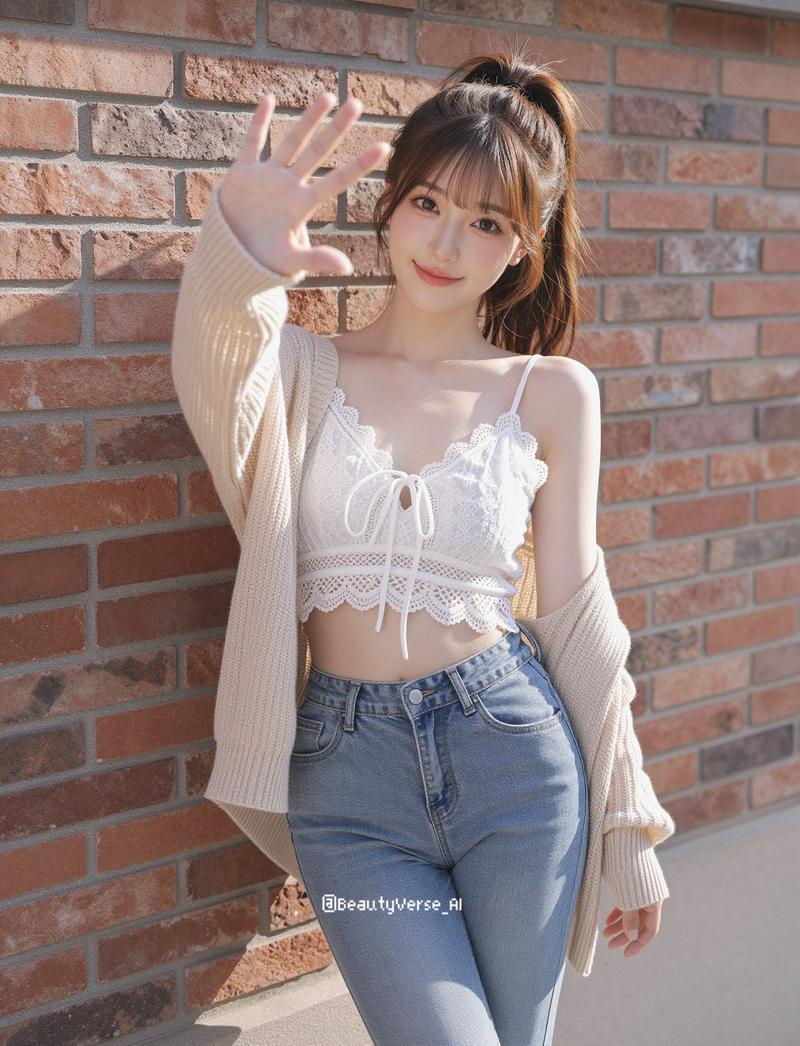 阳光红砖墙边可爱日本女性全身人像
