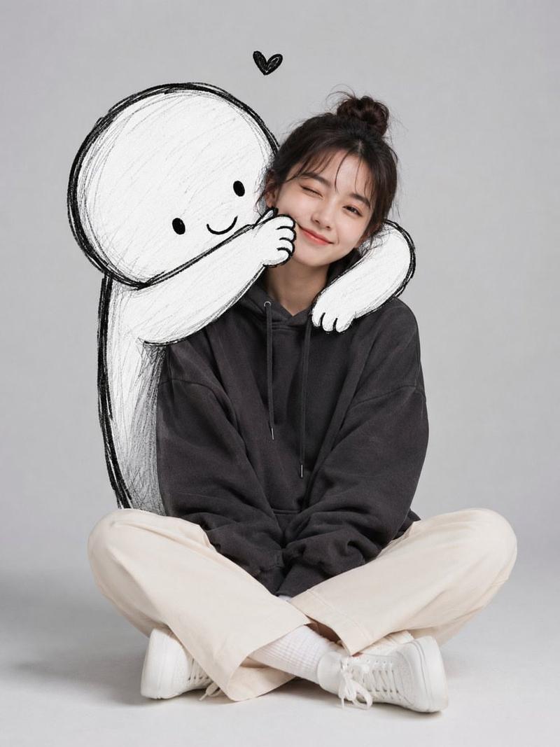 简约少女与黑白涂鸦抱抱肖像