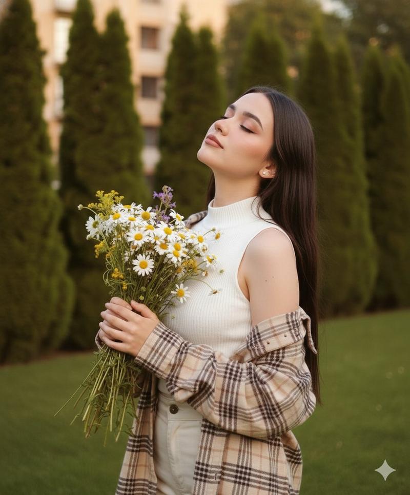 黄昏光影下沉醉花香的唯美森系少女