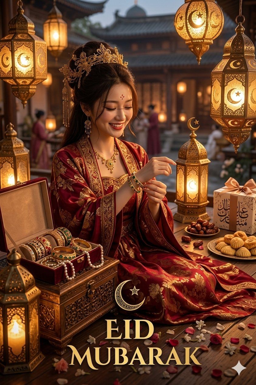 华丽红金丝绸礼服东亚女性开斋节庆典