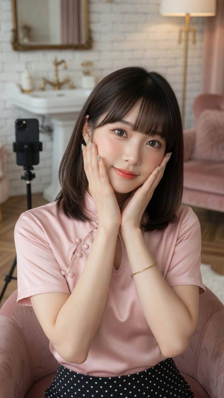 粉色绸缎衬衫东亚少女中景摄影