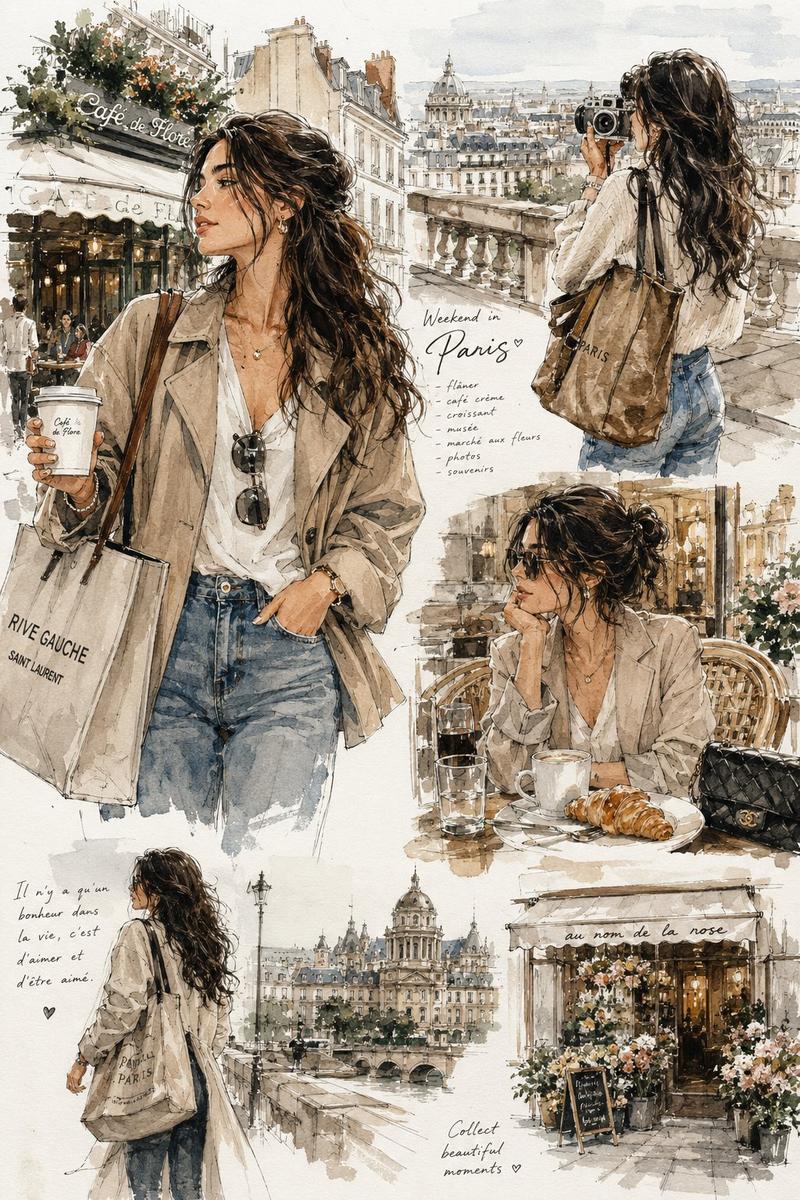 优雅水彩时尚插画欧洲旅行少女