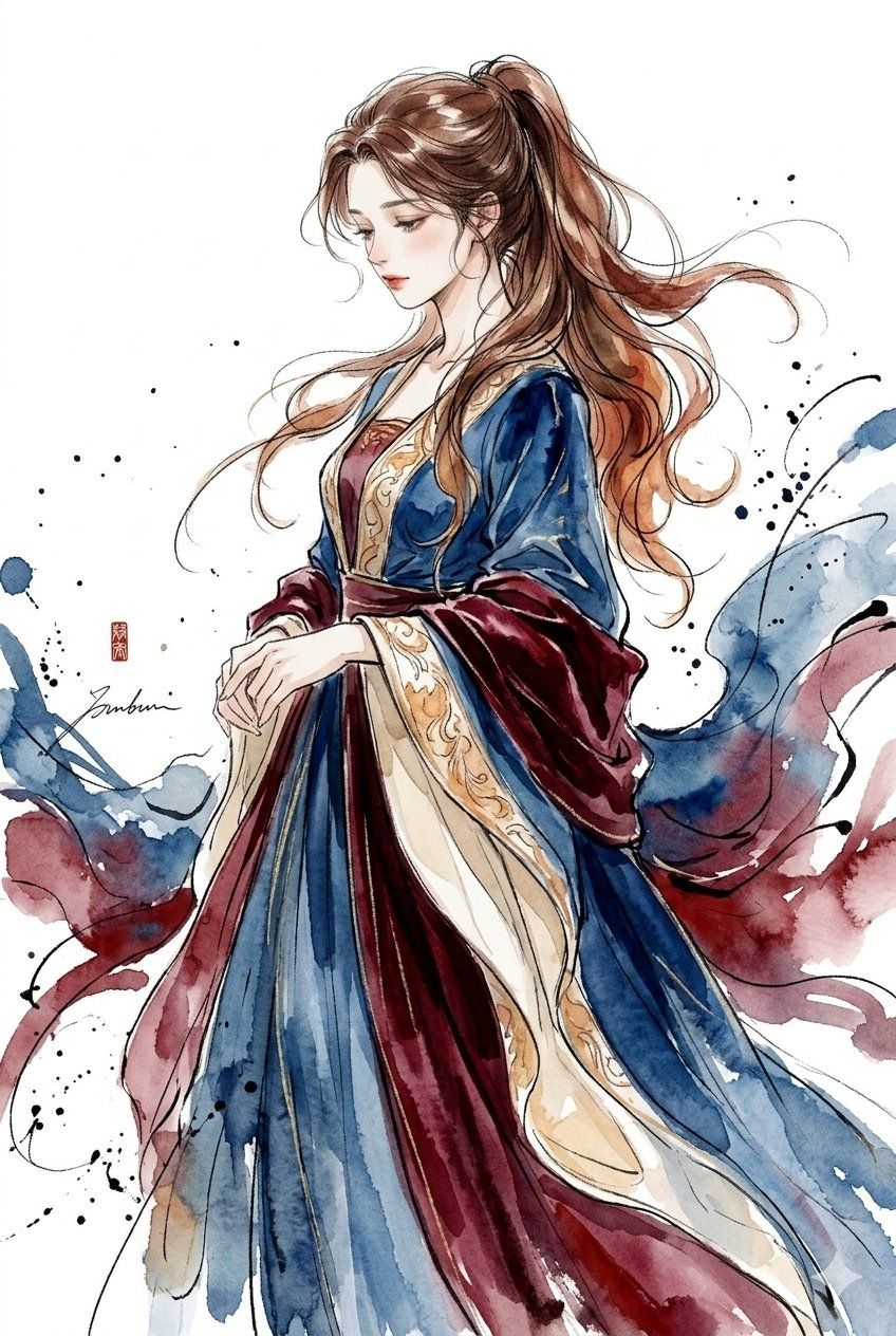 优雅水彩水墨长发古装女子插画