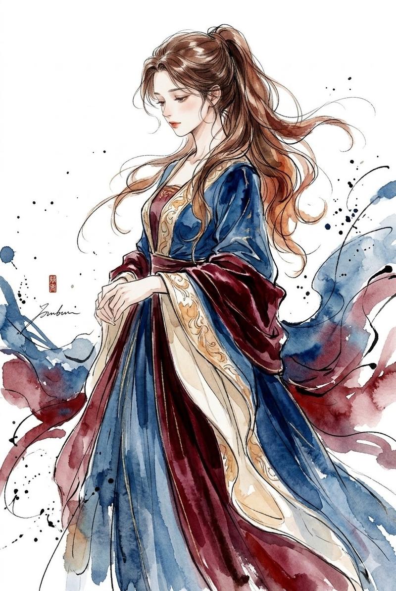 优雅水彩水墨长发古装女子插画