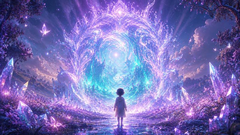 站在发光传送门前的史诗科幻构图
