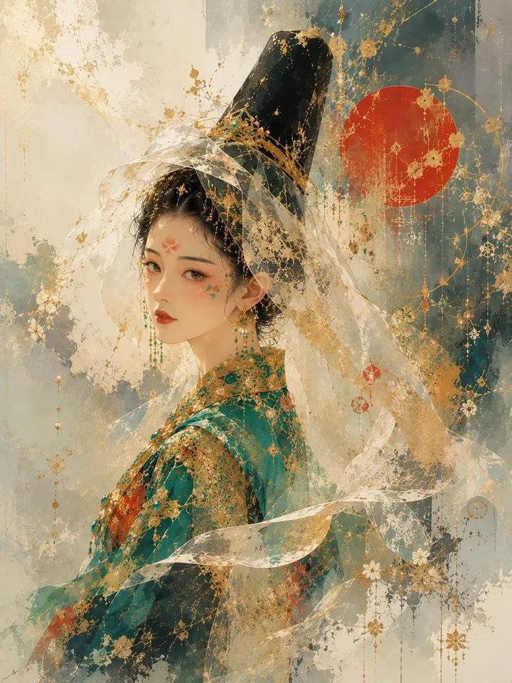 超细节空灵东亚公主韩服水彩肖像