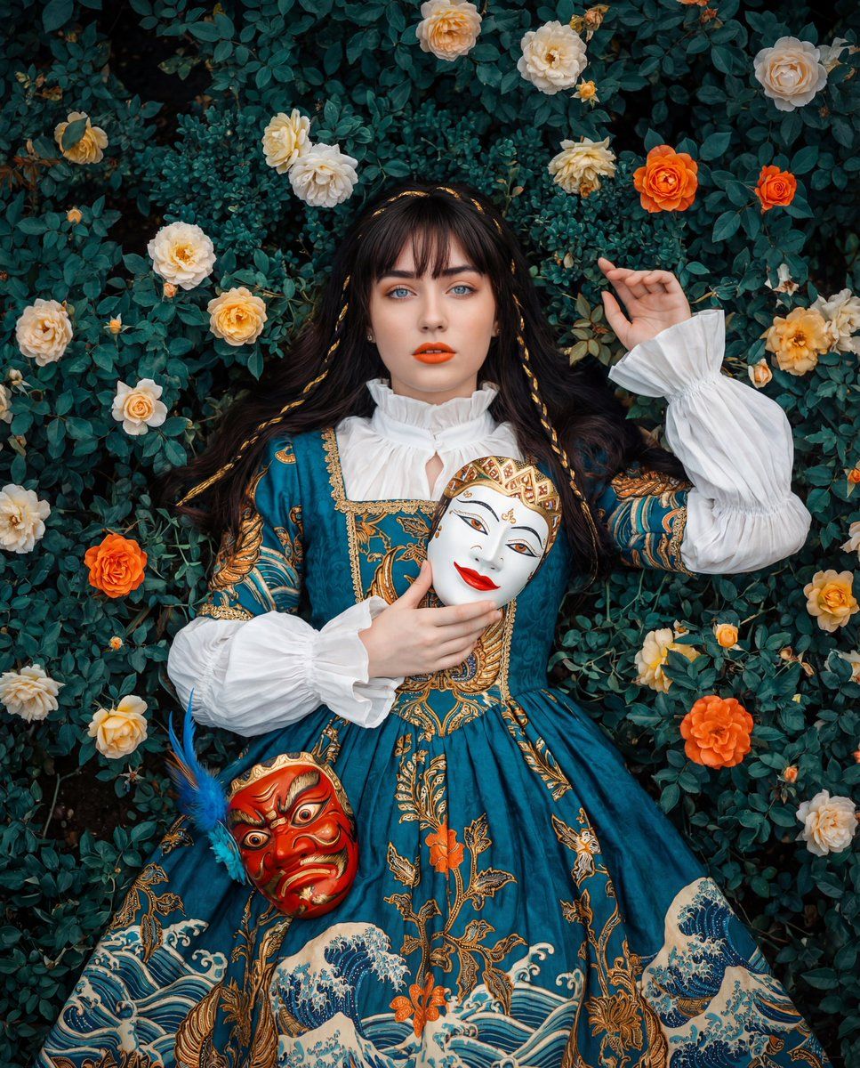 鲜花簇拥下身着蜡染礼服的印尼名媛