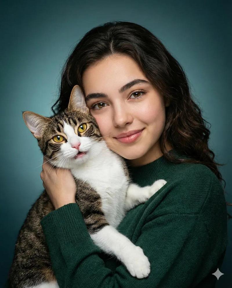 少女温婉拥吻虎斑猫的治愈时光