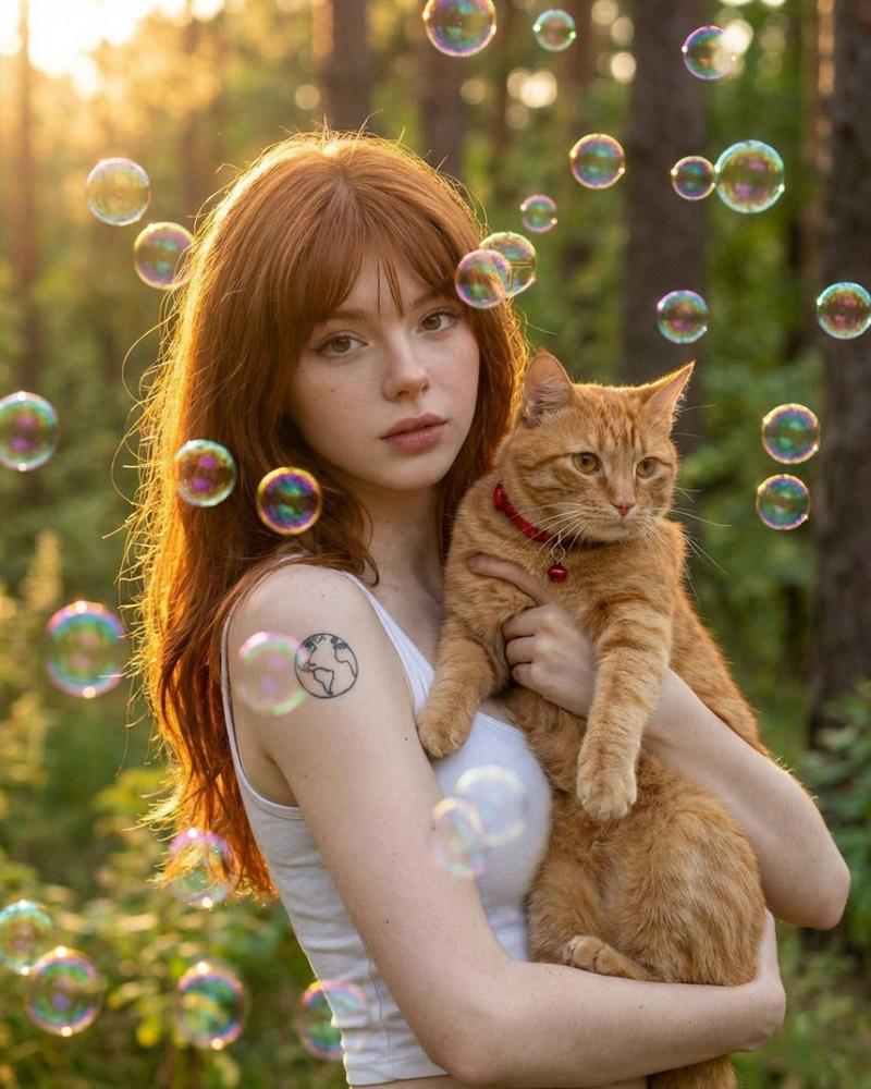 森林金光下的梦幻少女与橘猫泡泡
