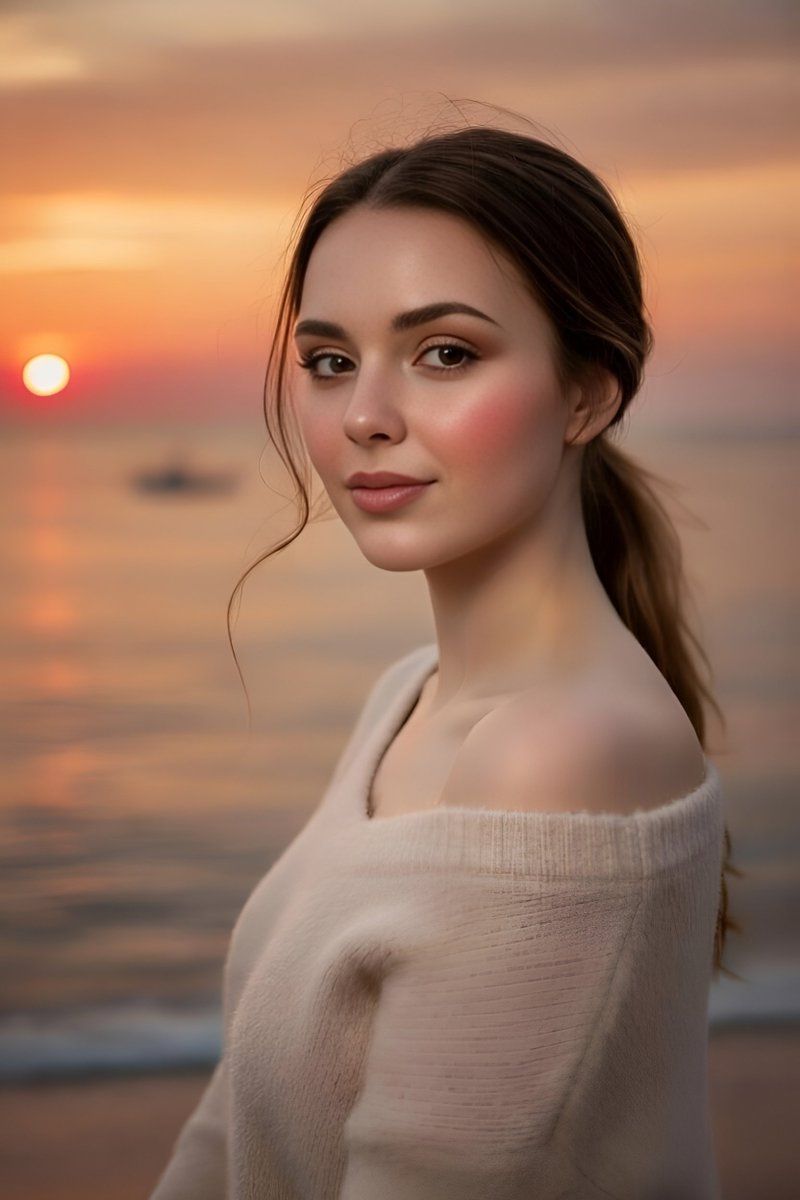 金色夕阳下的温柔毛衣少女写真