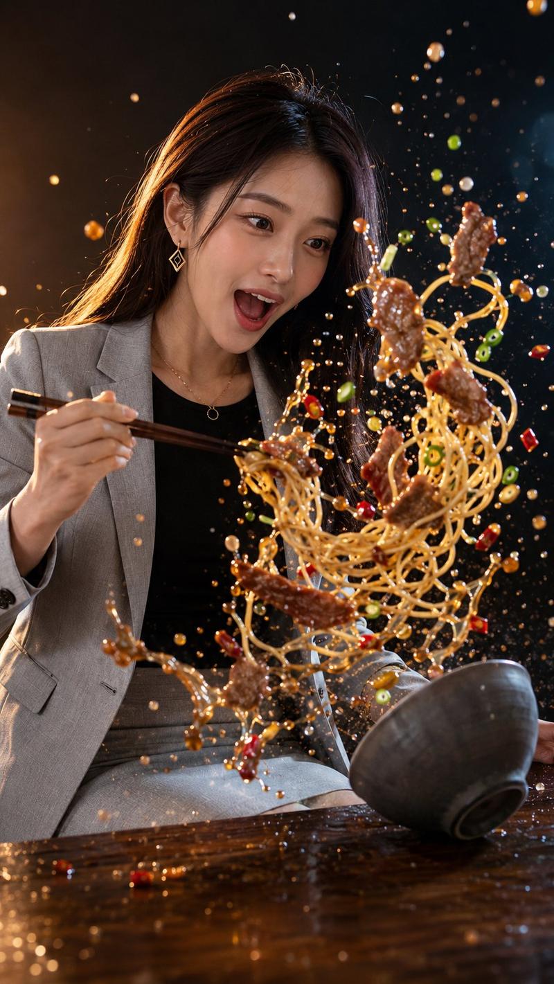 高速摄影定格牛肉面爆炸瞬间电影质感