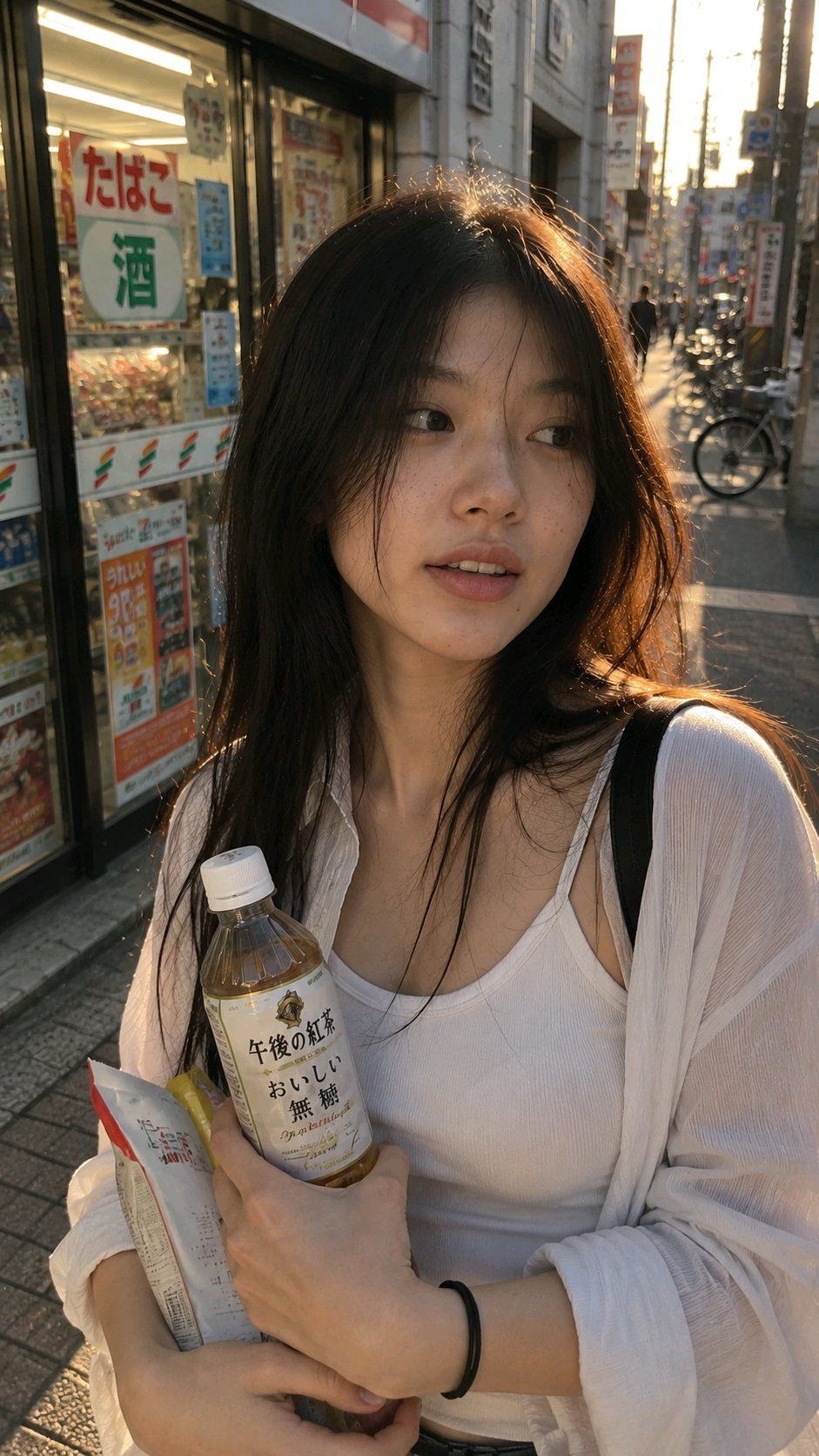 超真实手机抓拍便利店门口年轻女性
