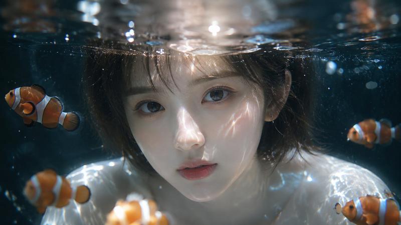 近距离水面折射清透少女金鱼