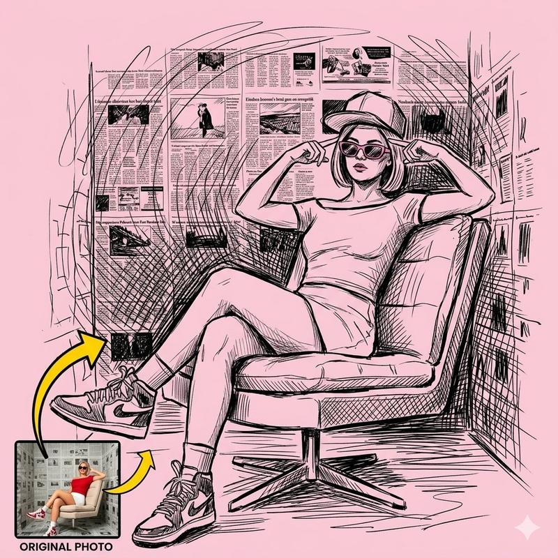 黑色墨水素描粉色背景时尚插画