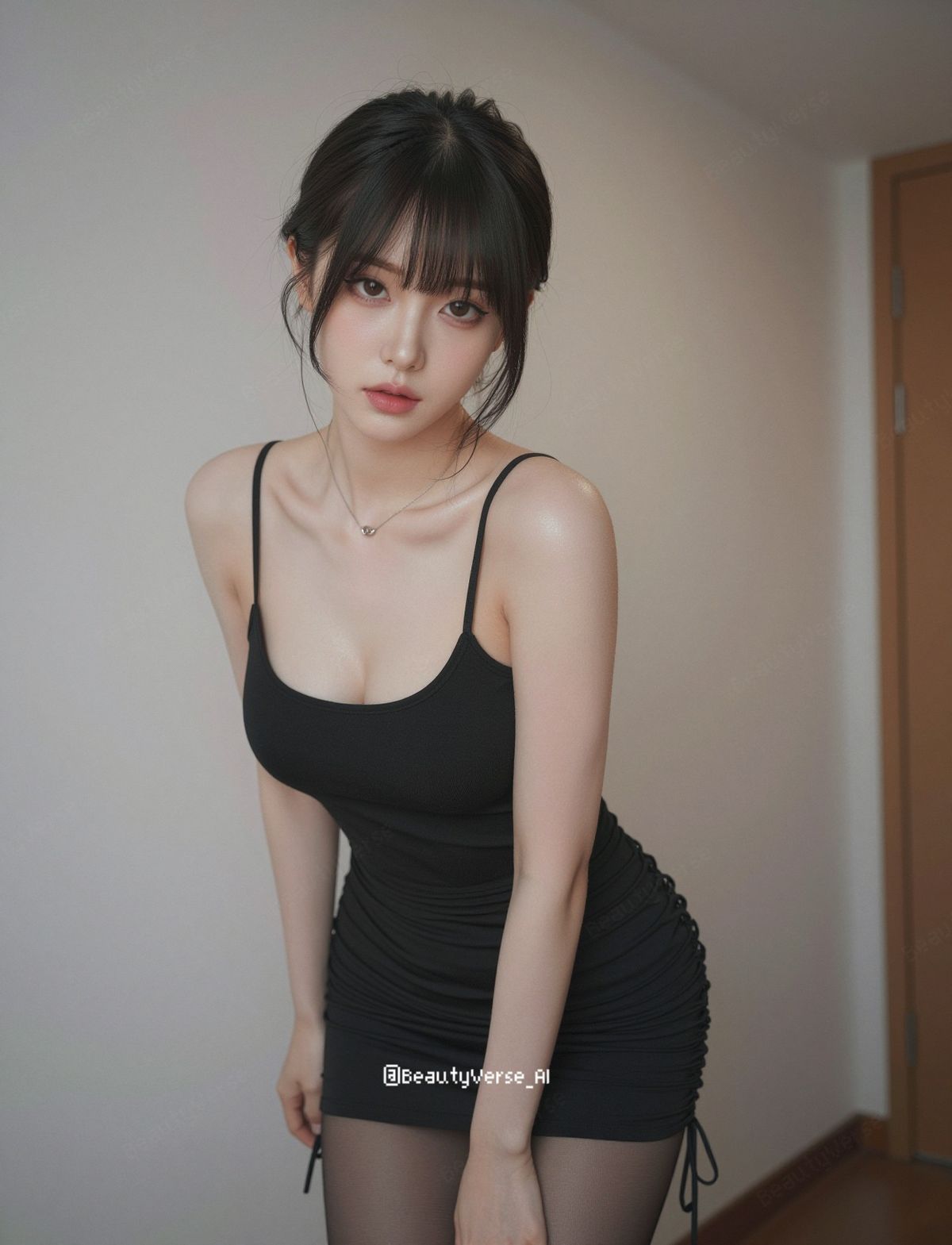 齐刘海黑色吊带裙日本美女室内半身像