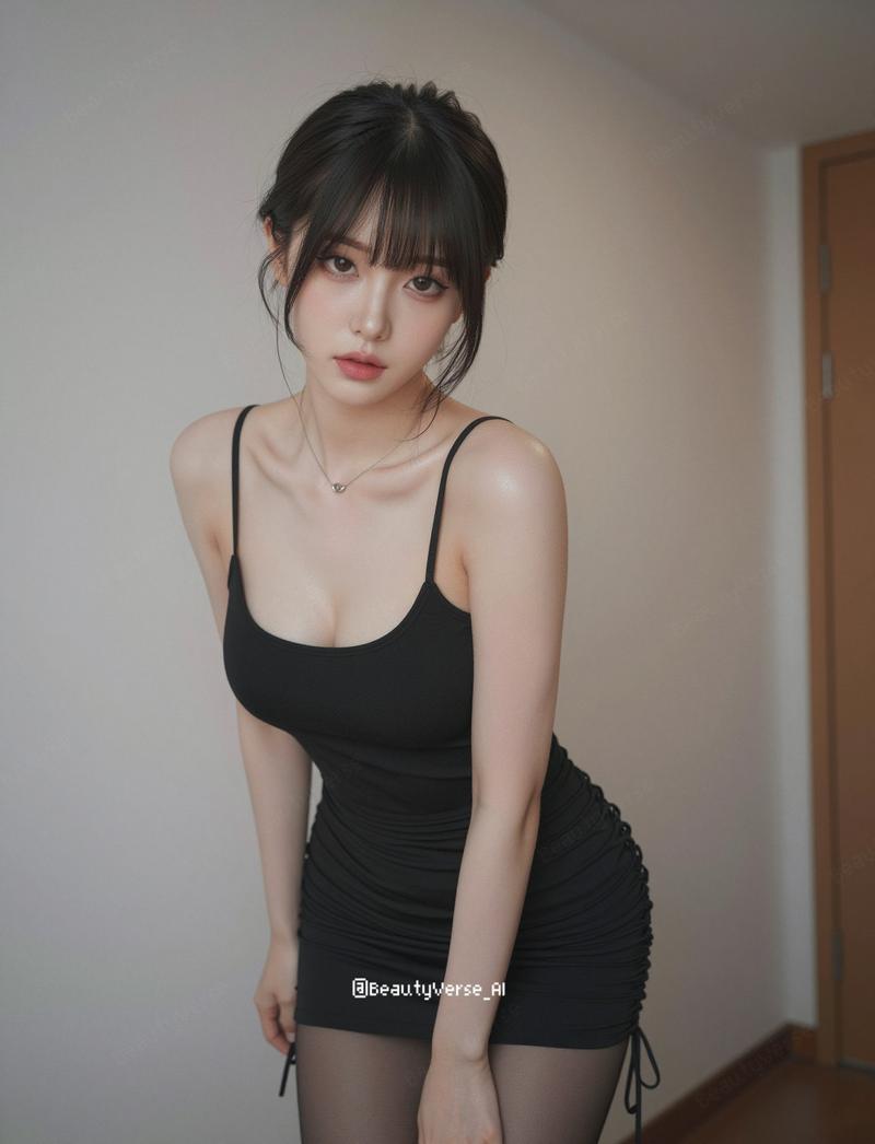齐刘海黑色吊带裙日本美女室内半身像