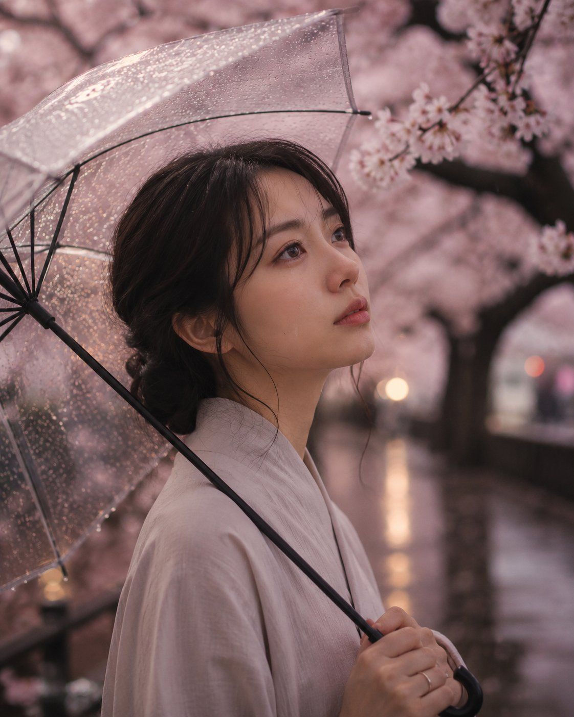 春雨中樱花树下撑伞含泪的日本女子