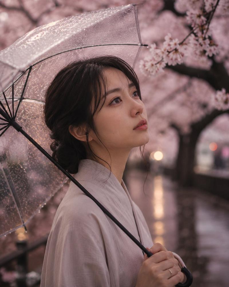 春雨中樱花树下撑伞含泪的日本女子