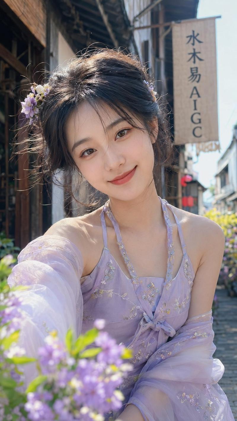 江南古镇淡紫色改良汉服自拍人像