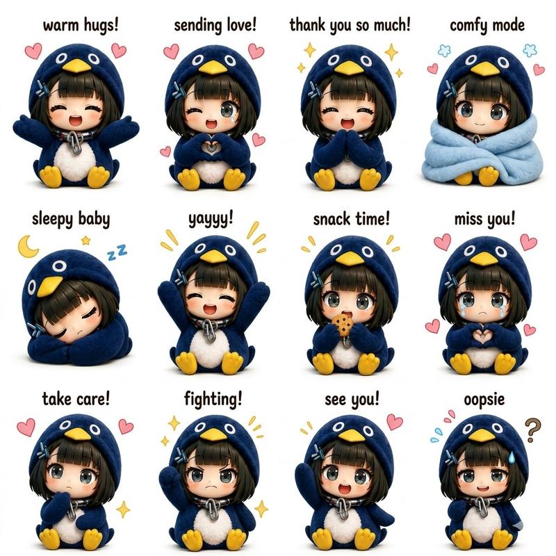 治愈系蓝企鹅兜帽Q版少女贴纸表情包