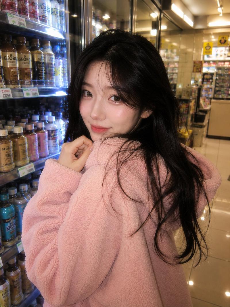 深夜韩国便利店粉色卫衣甜美少女