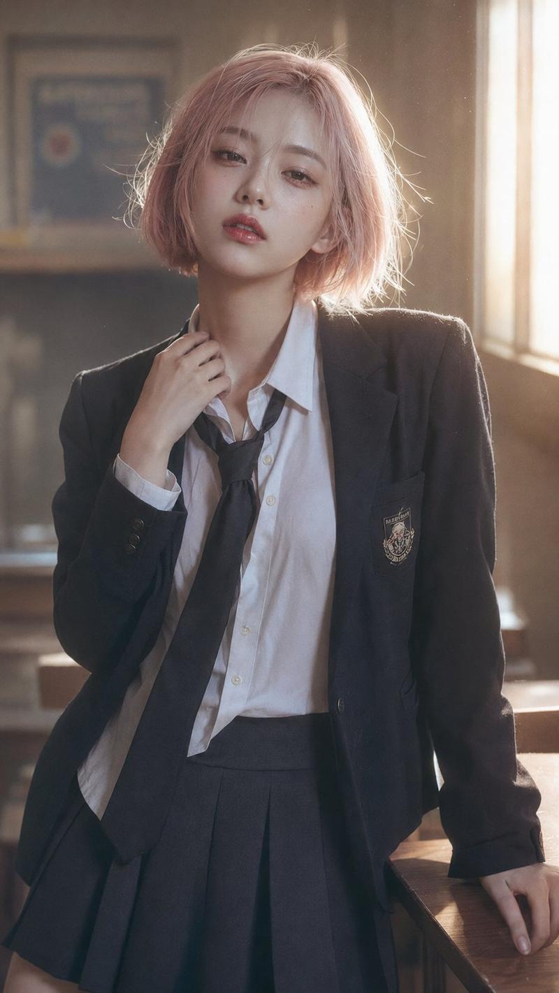 韩系社论校园风粉色短发少女肖像