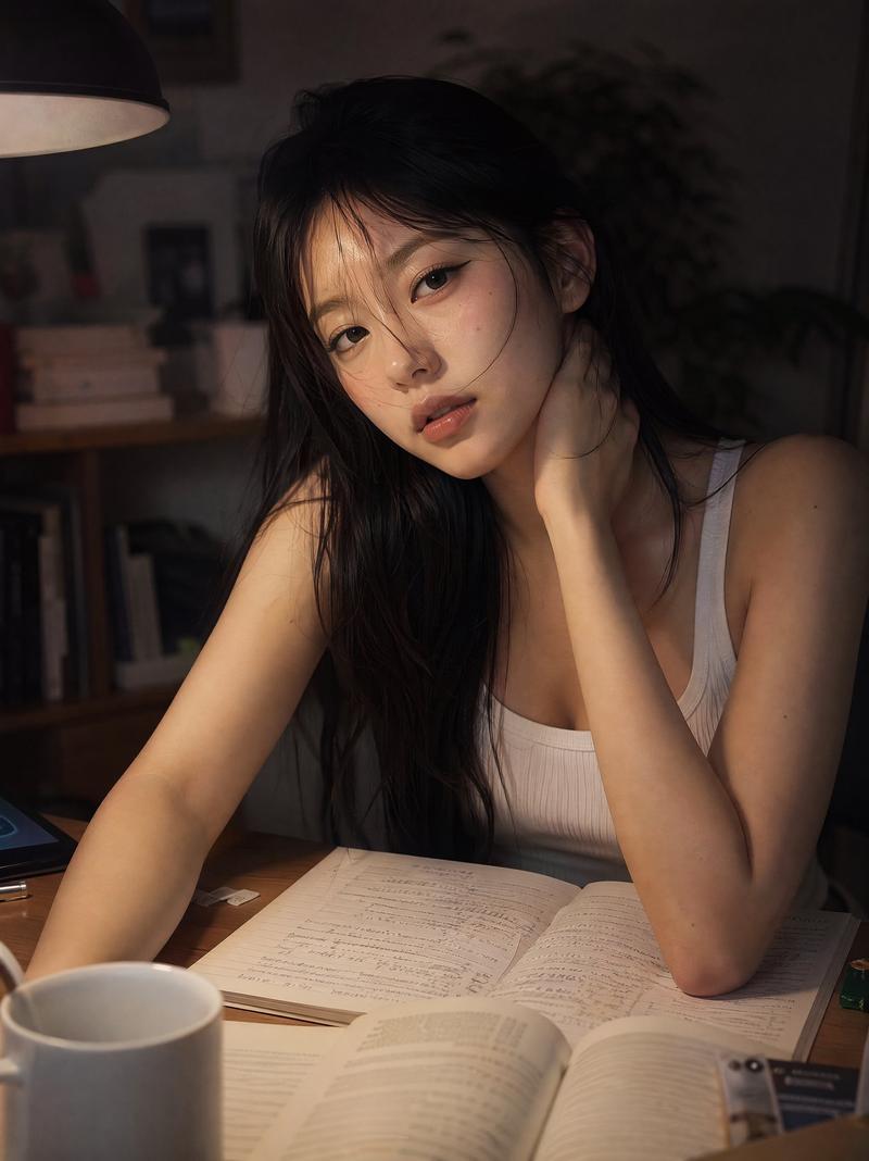 深夜书房木质书桌旁的清纯少女