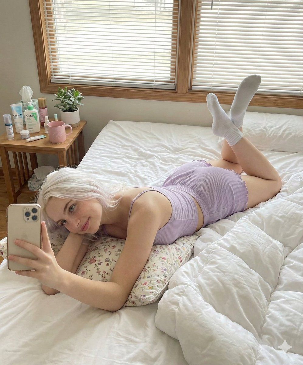 慵懒午后阳光下的淡紫色居家服少女