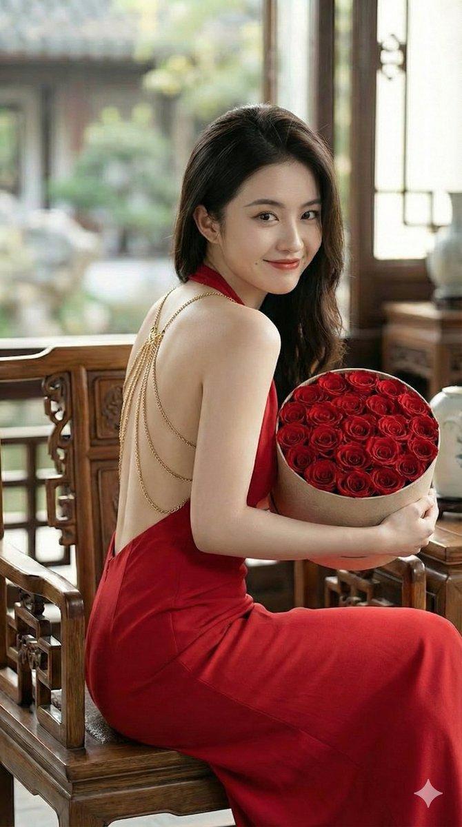 繁花簇拥下红裙露背的奢华回眸