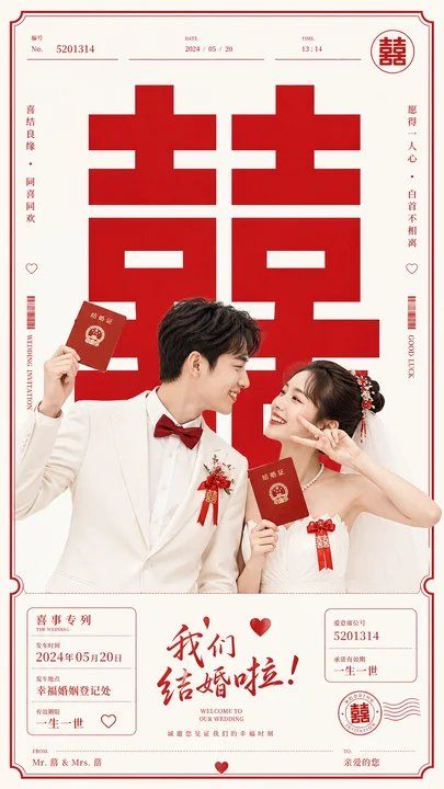 极简明亮风婚礼囍字海报
