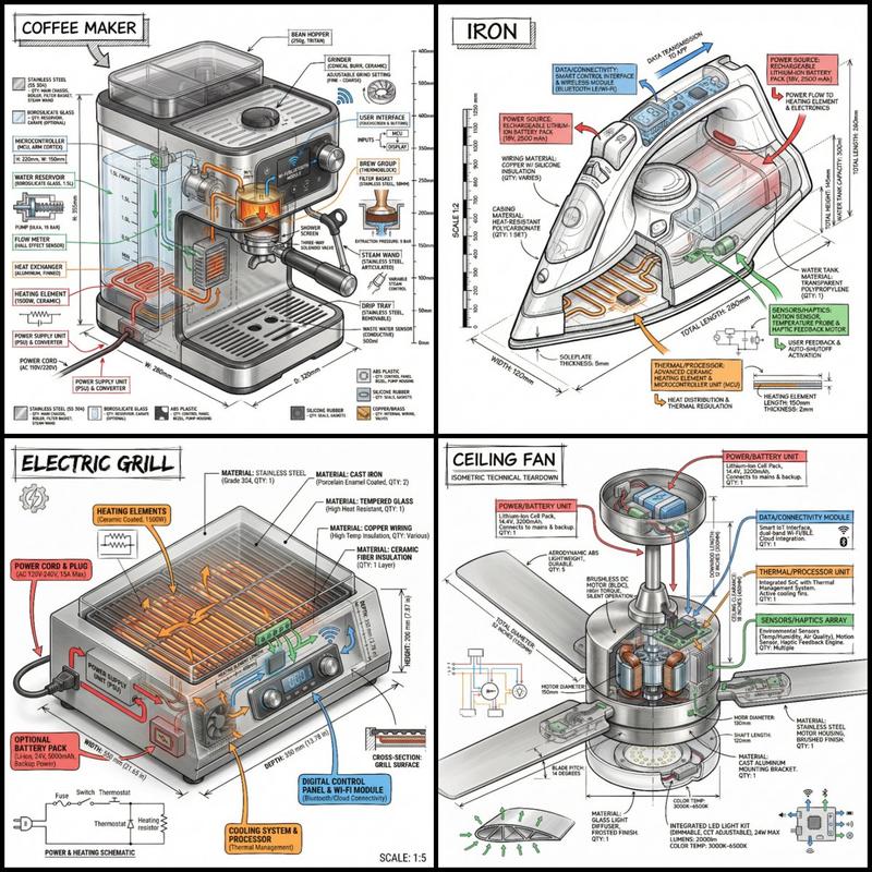 极简线稿的等距产品拆解图