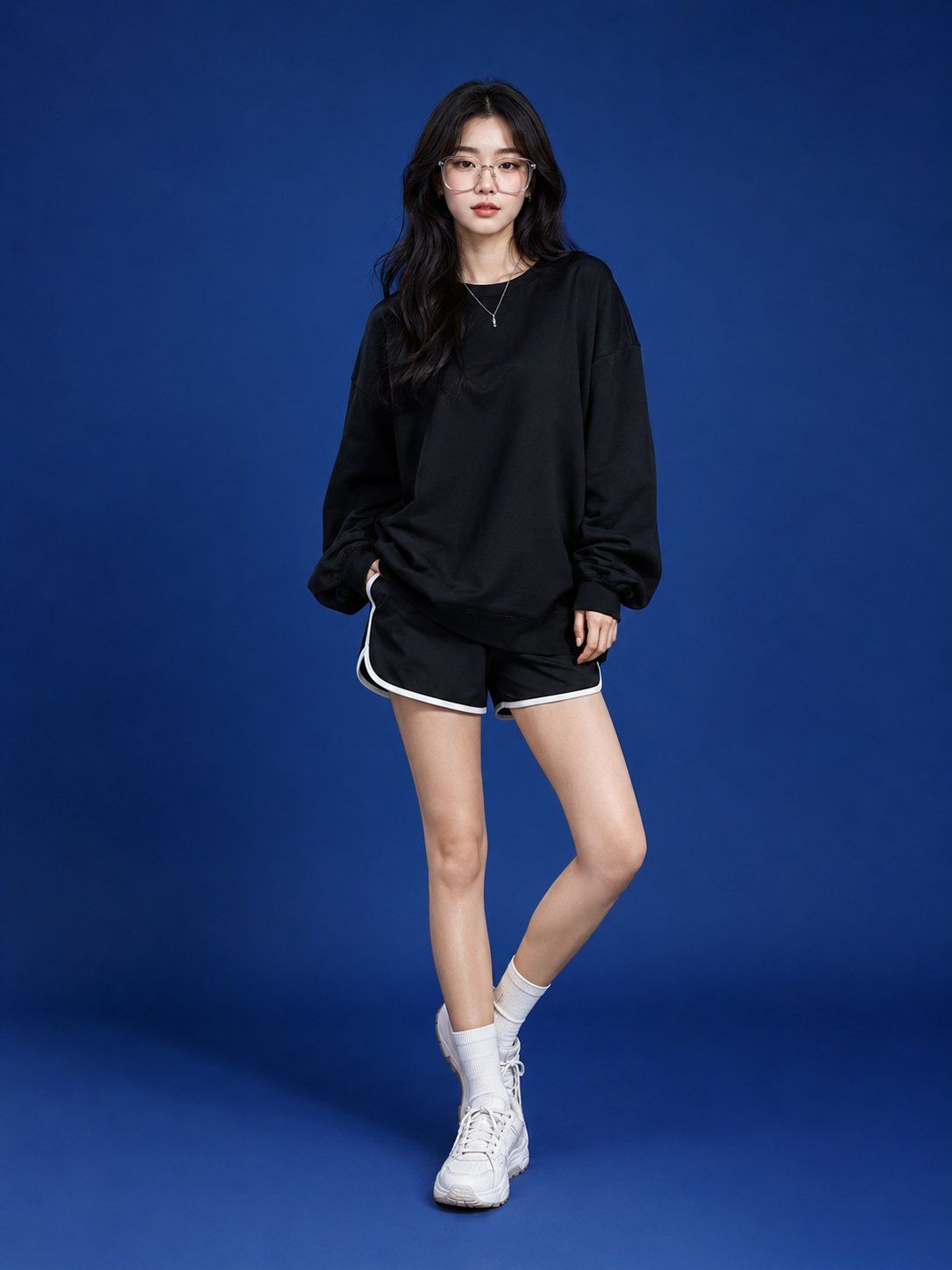 极简街头风宝蓝背景东亚女性全身照