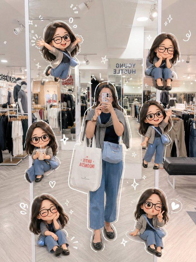 少女服装店镜子自拍与Q版分身