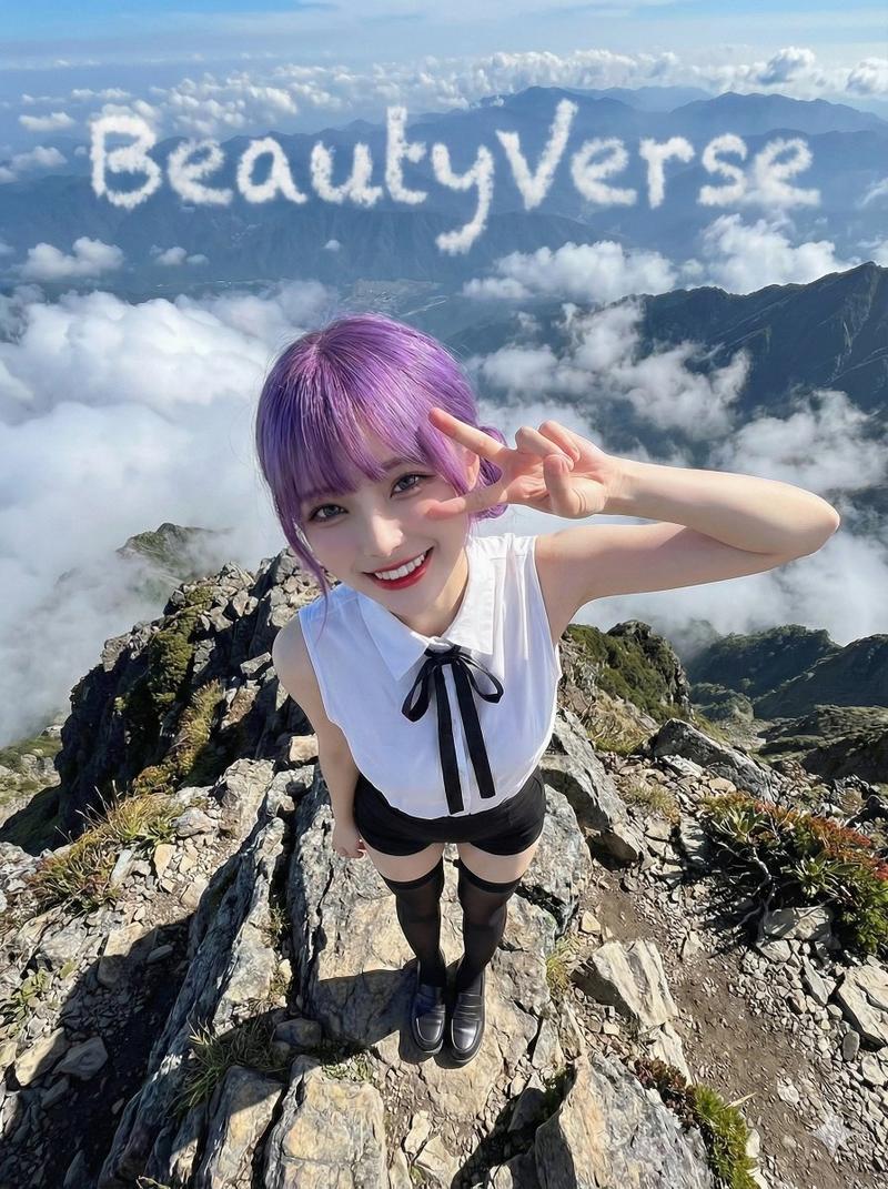 站在崎岖山顶比耶的俯瞰全身像