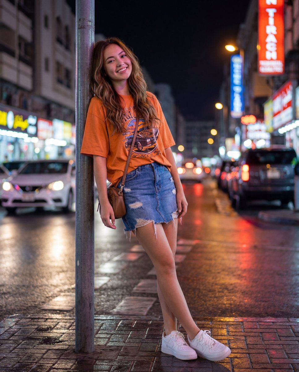 霓虹夜色下的都市少女与唯美光斑