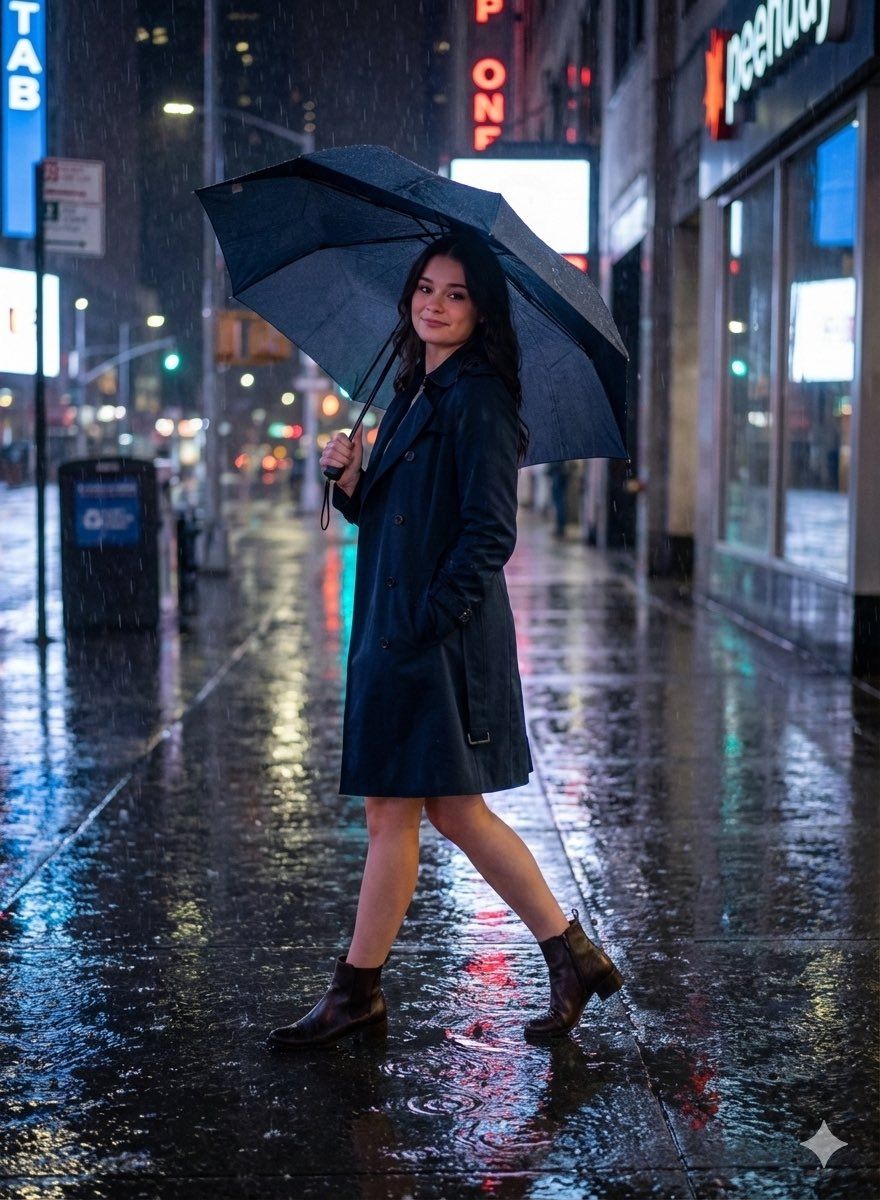 霓虹雨夜中身着风衣的都市时尚漫步