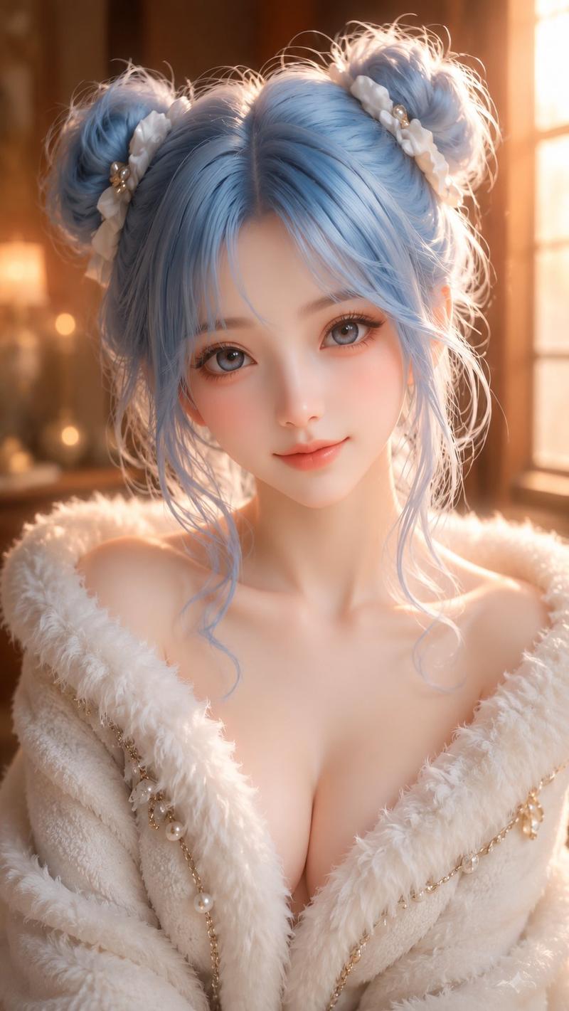 东方幻想系甜美蓝发毛绒披肩少女