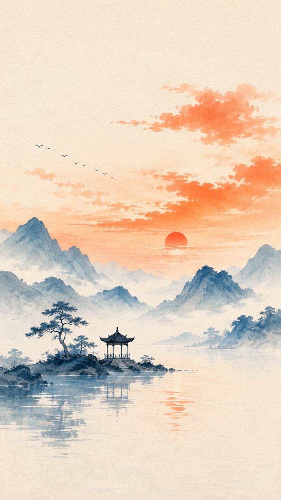 东方禅意极简山水小亭插画