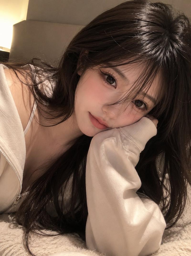 奶油色大廓形卫衣少女近景自拍