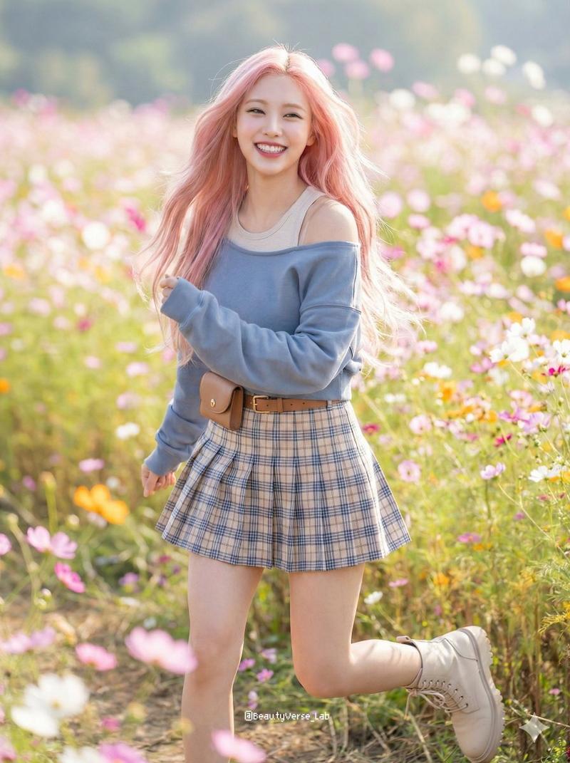春日花海中奔跑的粉发甜美少女