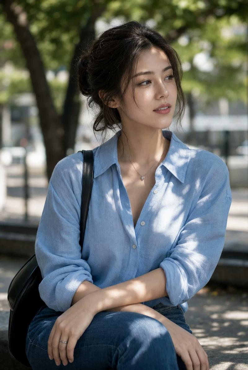 户外阳光下亚裔年轻女性公园人像
