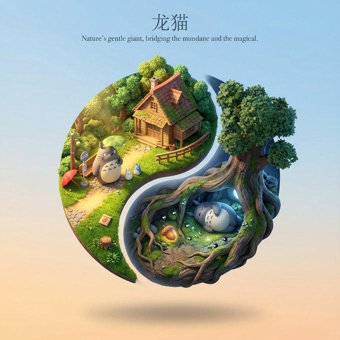 漂浮的太极可爱3D卡通立体场景