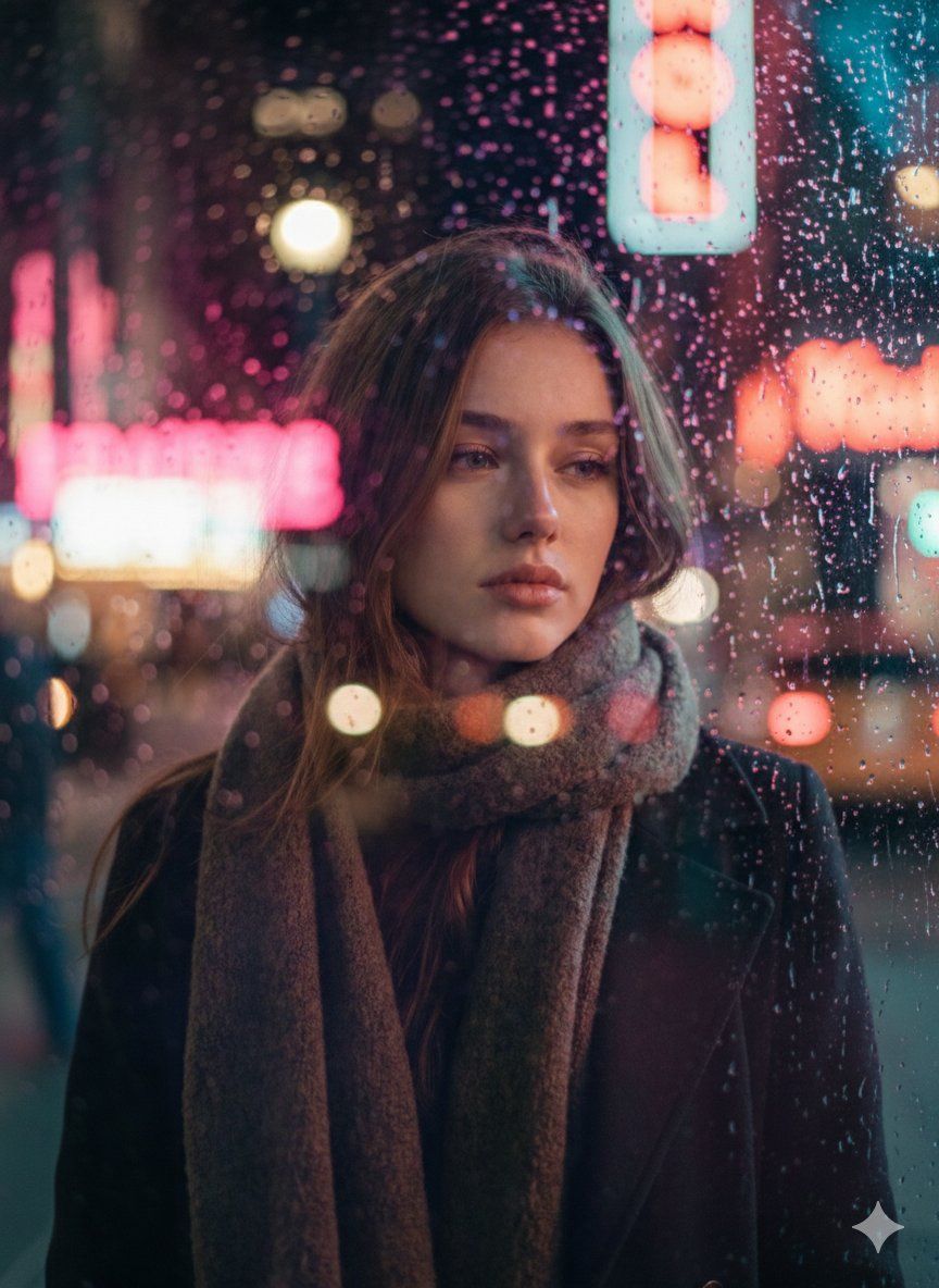 雨夜玻璃窗后的忧郁少女