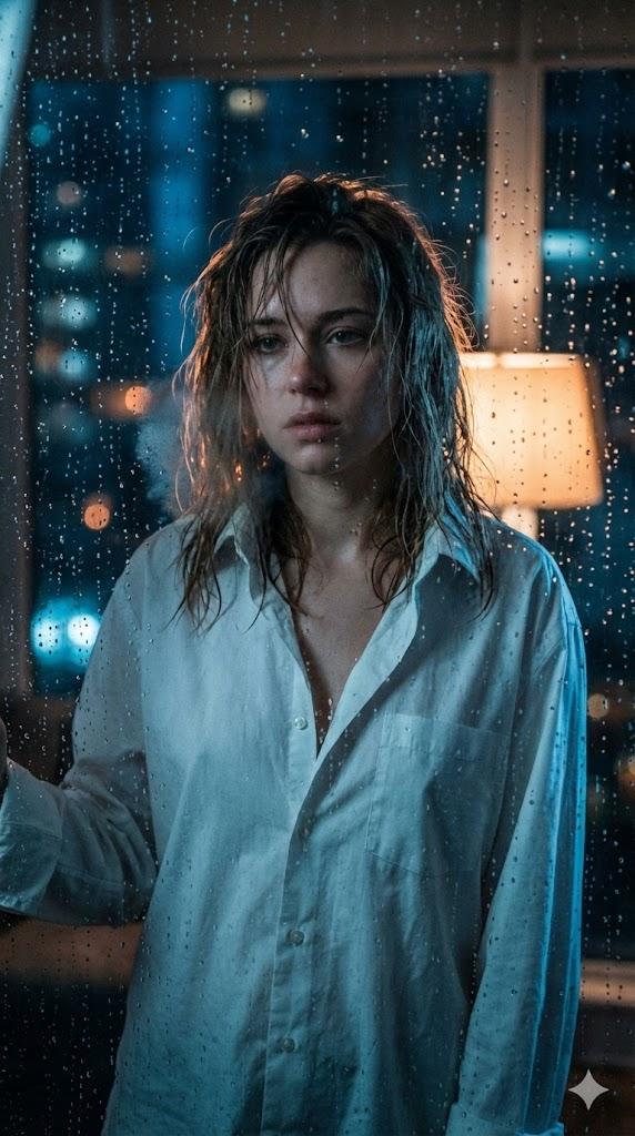 暴雨窗后的迷离眼神与白衬衫少女