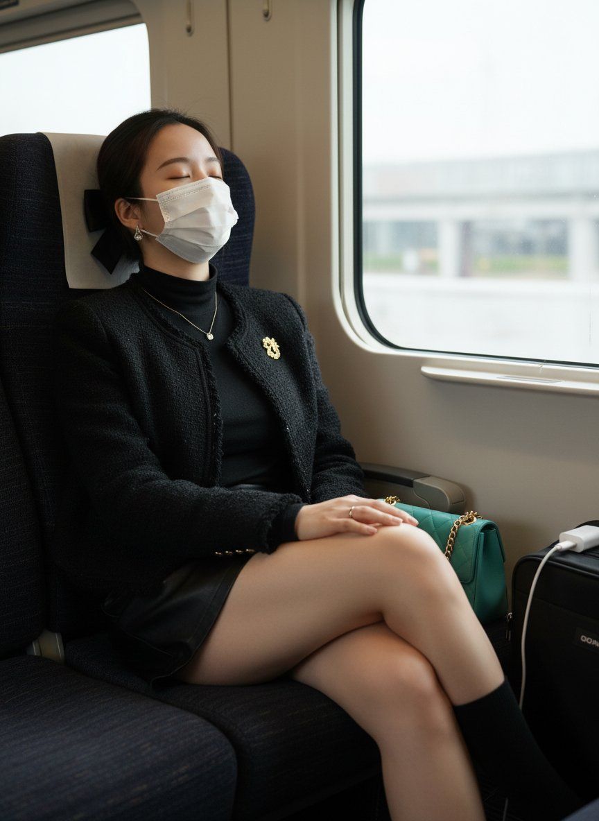 火车窗边沉睡的优雅黑发女郎