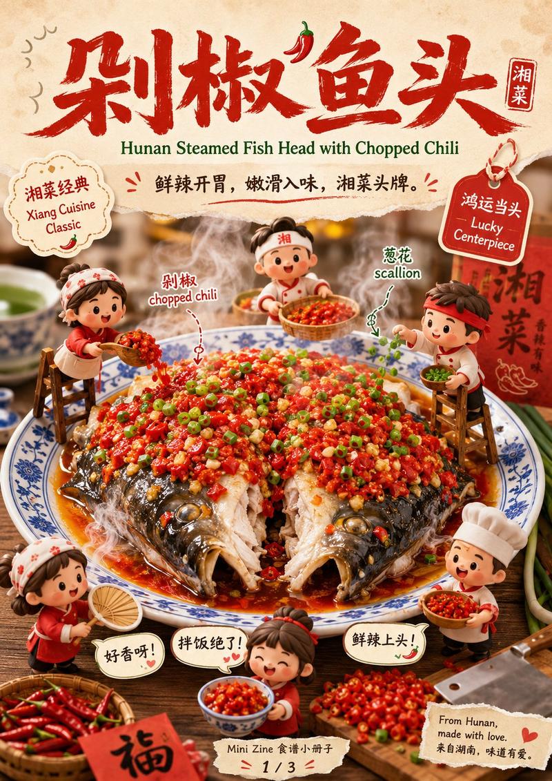 剁椒鱼头微缩趣味美食海报