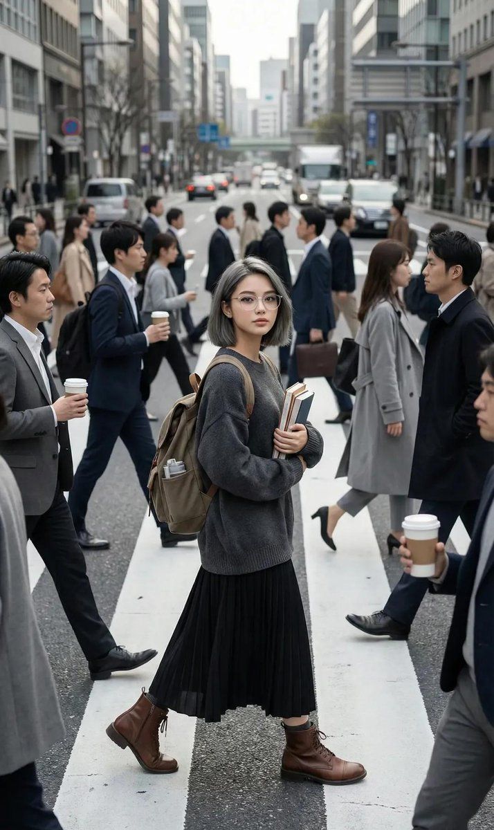 繁华街头的静止少女