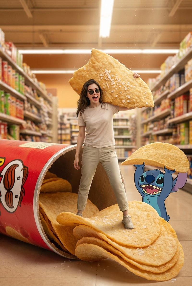 史迪奇与男子在巨型品客薯片上的奇幻冒险