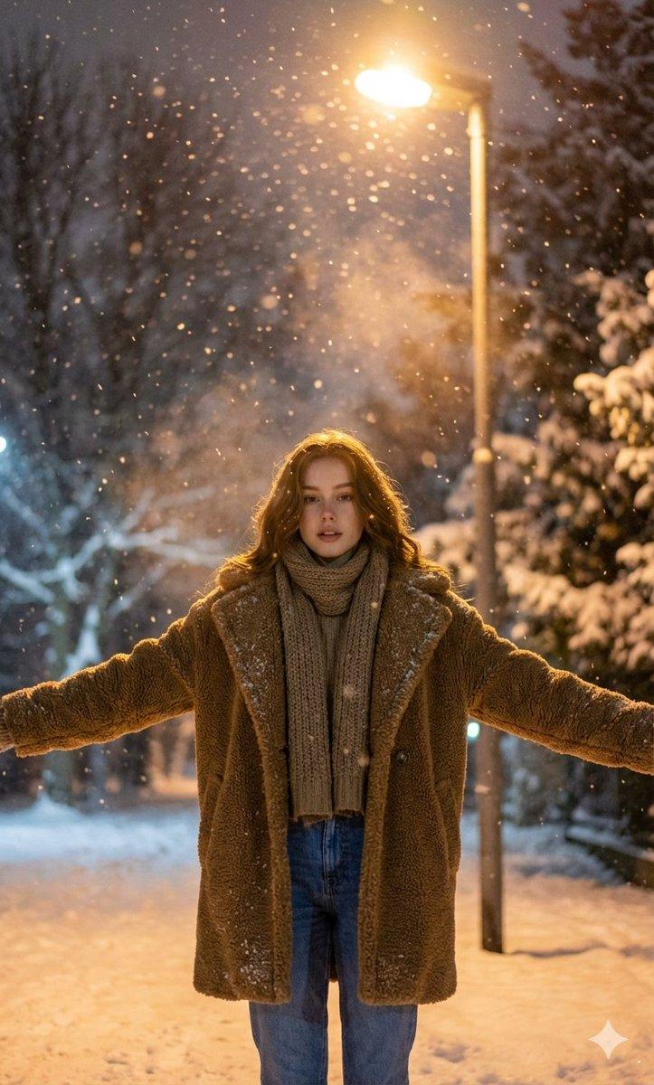 路灯下拥抱飞雪的极致写实冬夜人像