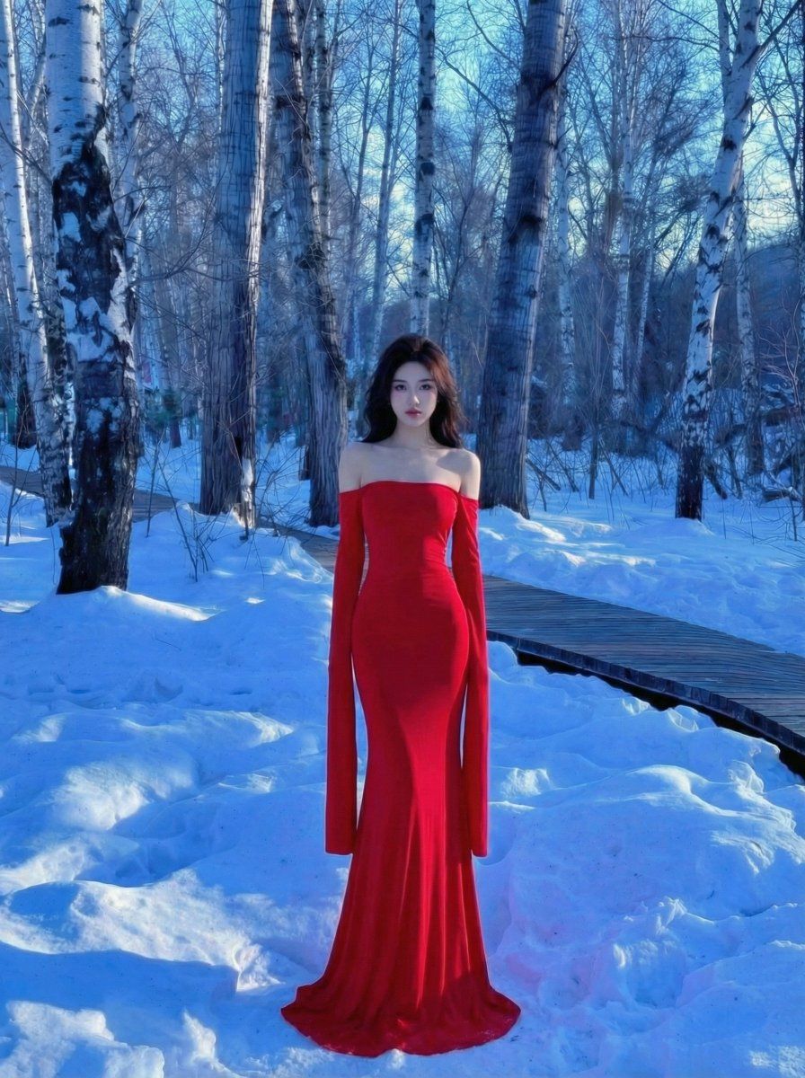 冰雪白桦林中那一抹惊艳的红裙背影